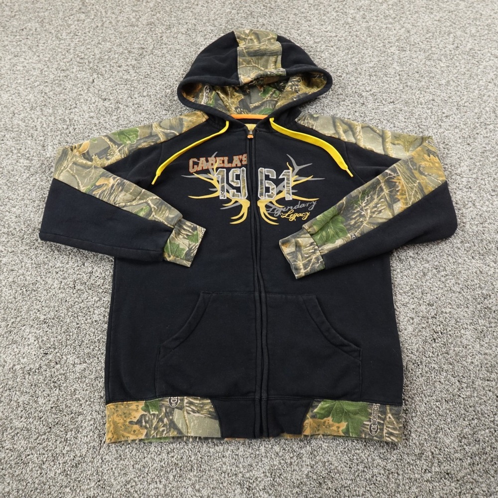 Cabelas Hoodie Mens M Black Seclusion 3D Camo Hunting Full Zip Sweatshirt Jacket